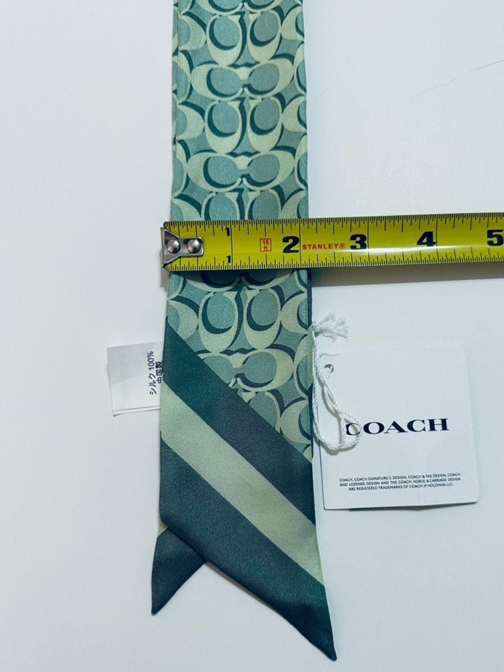 COACH GREEN SIGNATURE C SILK SKINNY SCARF BAG HANDLE WRAP HAIR NECK TIE NWT - Picture 4 of 5